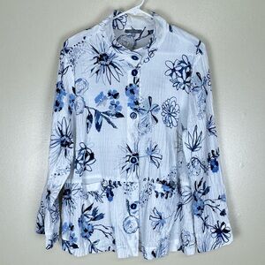 Habitat Floral Crinkled Button Front Shirt Lagenlook Size Xl White Blue